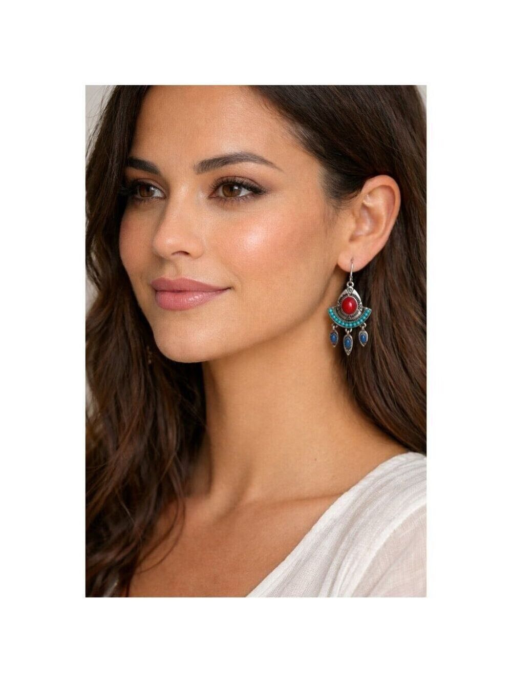 Boho Tribal Dangle Earrings Silver Tone Red Turquoise Blue Beaded Drops